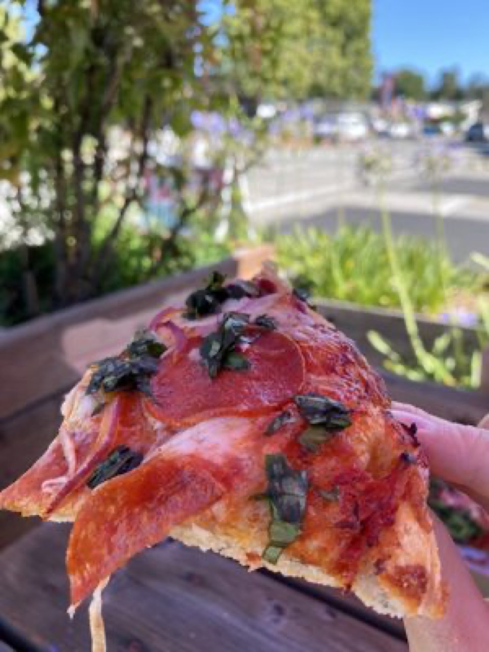 Hand holding a pepperoni and fresh basil pizza slice outdoors in sunlight.