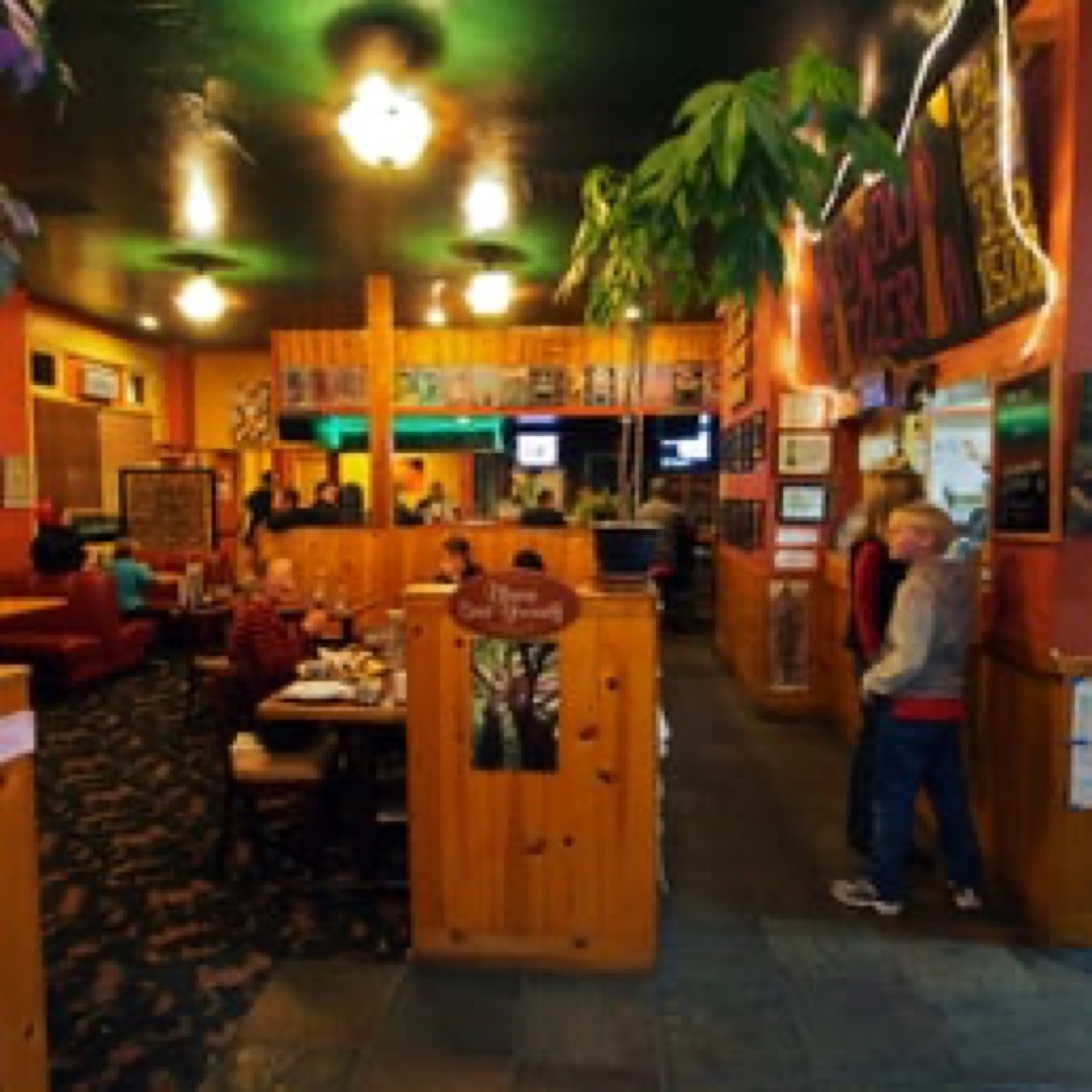 Cozy pizzeria dining room with wood paneling, tropical décor, and seated guests.