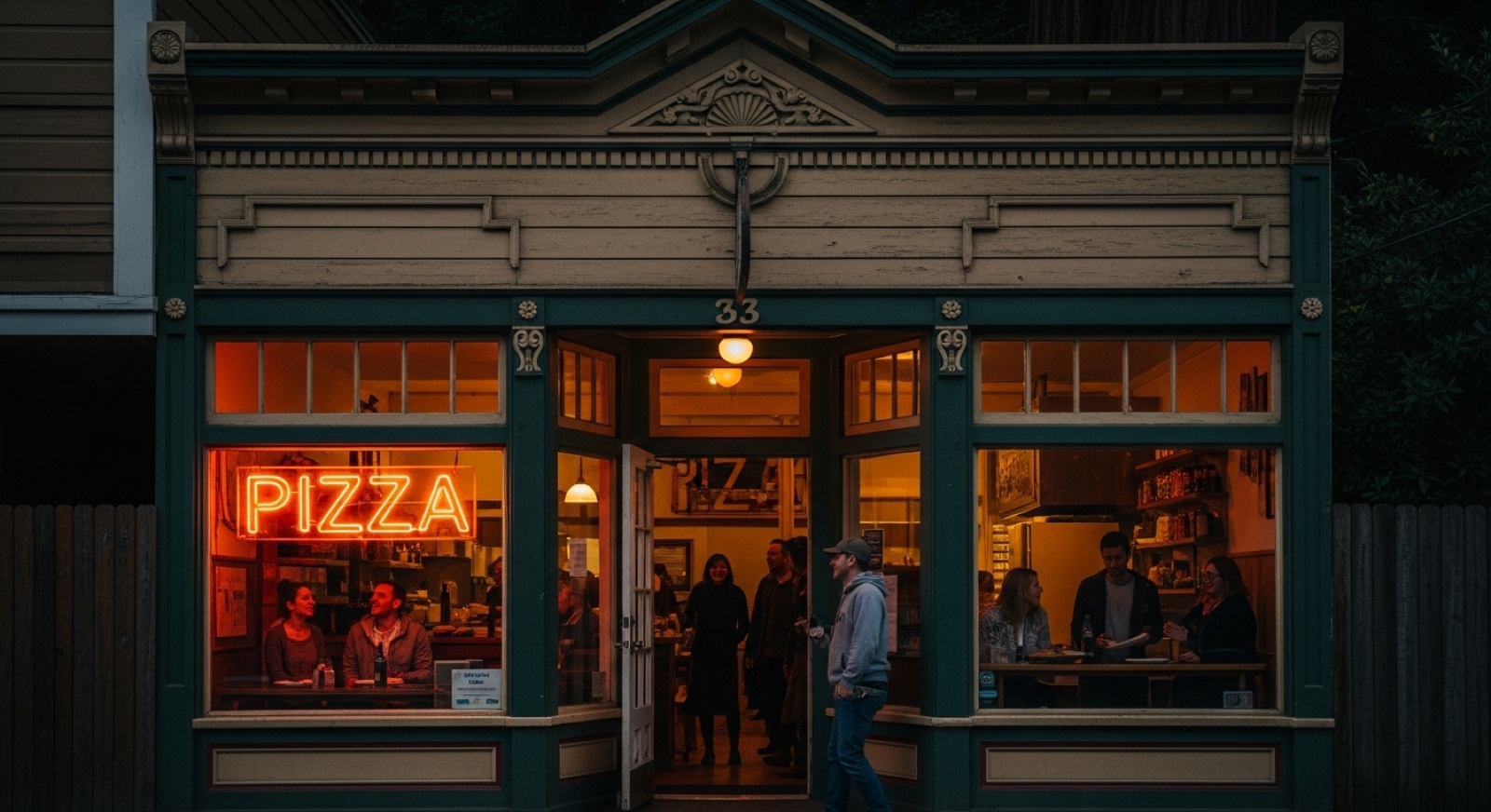 Redwood Pizzeria exterior glowing at dusk with string lights and open neon sign.