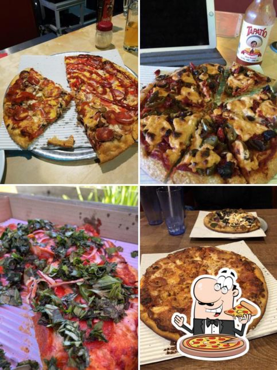 Four-panel collage of specialty pizzas with toppings in restaurant setting.